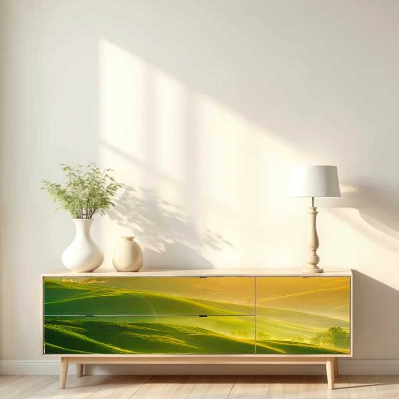 Repositionierbarer Aufkleber goldener sonnenaufgang über sanften grünen hügeln