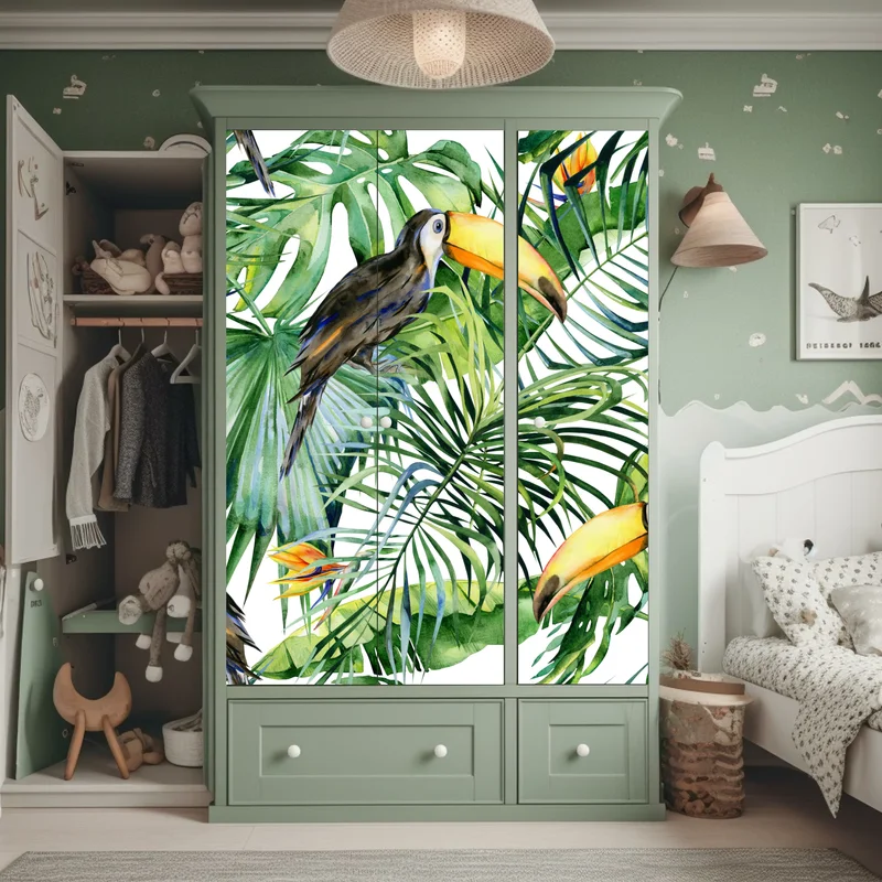 Schrankaufkleber aquarell tukan im tropischen muster