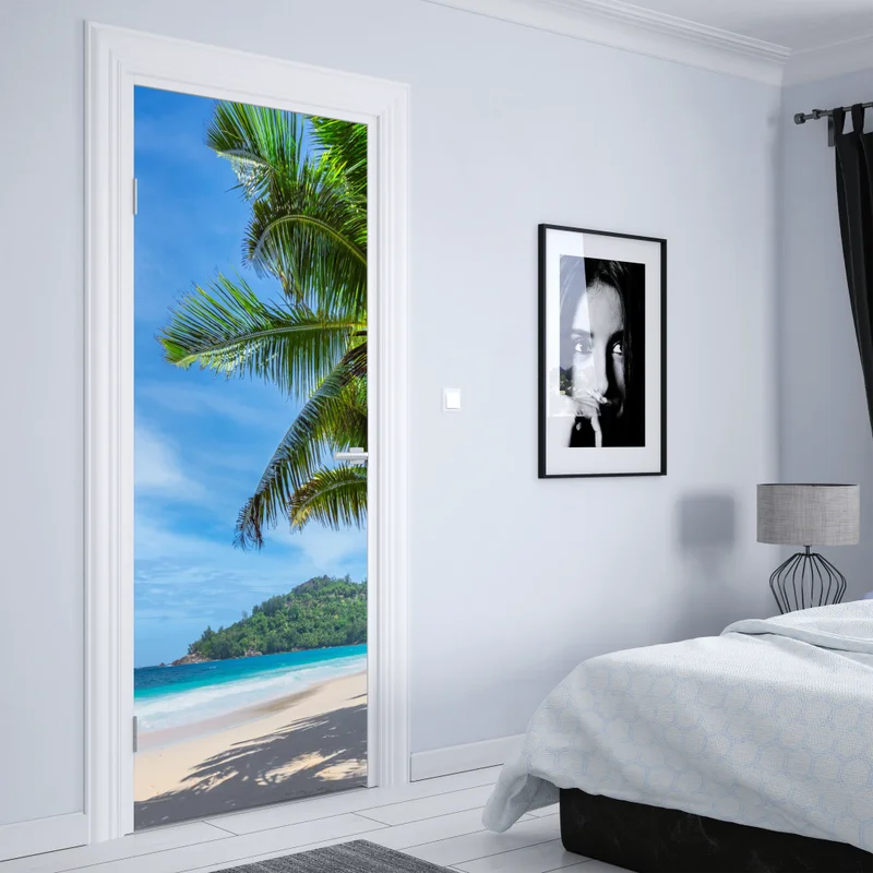 Türaufkleber tropischer strand mit palmen und segelboot