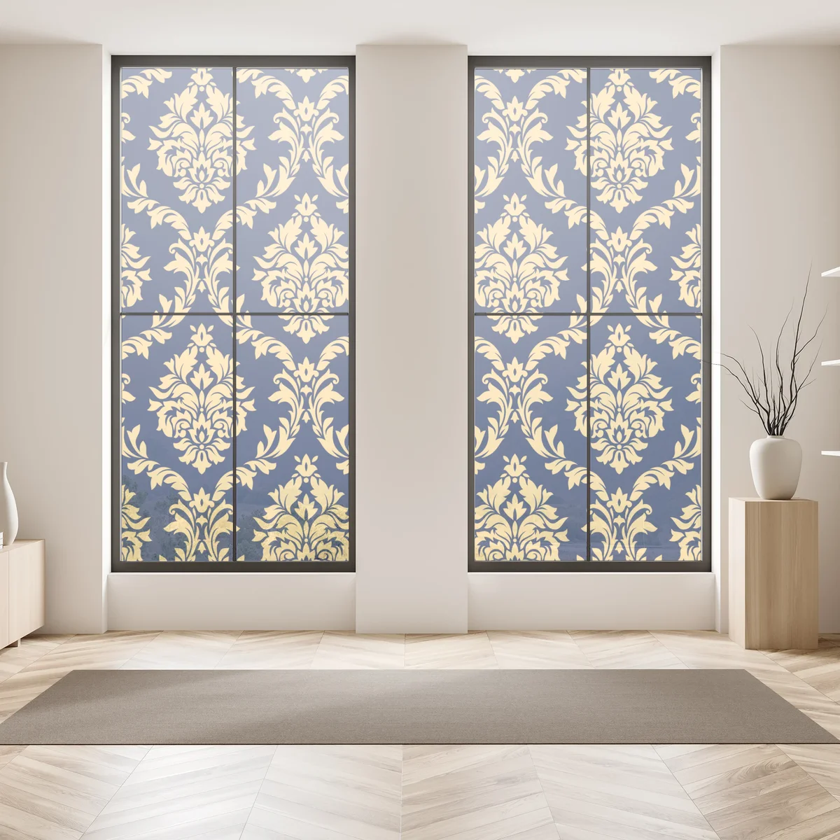 Fensteraufkleber elegantes goldenes damastmuster auf tiefblauem hintergrund Fensteraufkleber elegantes goldenes damastmuster auf tiefblauem hintergrund
