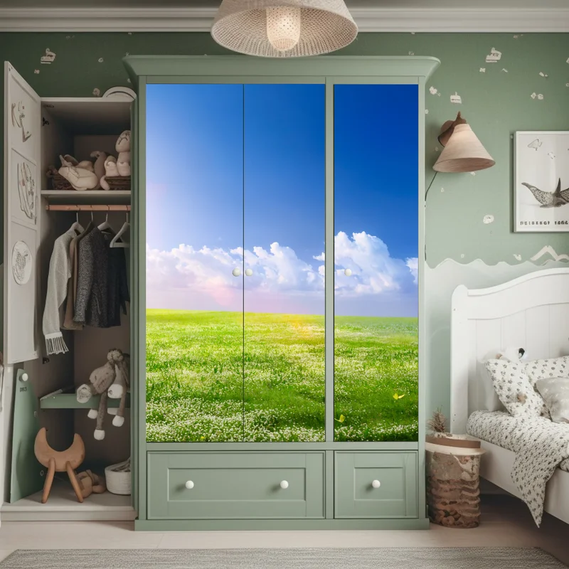 Schrankaufkleber sonnige frühlingswiese unter blauem himmel