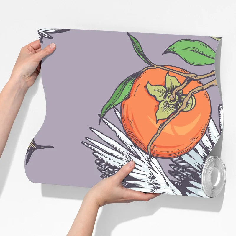 Fototapete anmutige kraniche und kakis mit magnolien Fototapete anmutige kraniche und kakis mit magnolien