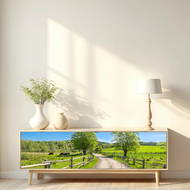 Repositionierbarer Aufkleber sonnige landstraße durch grüne wiesen Repositionierbarer Aufkleber sonnige landstraße durch grüne wiesen