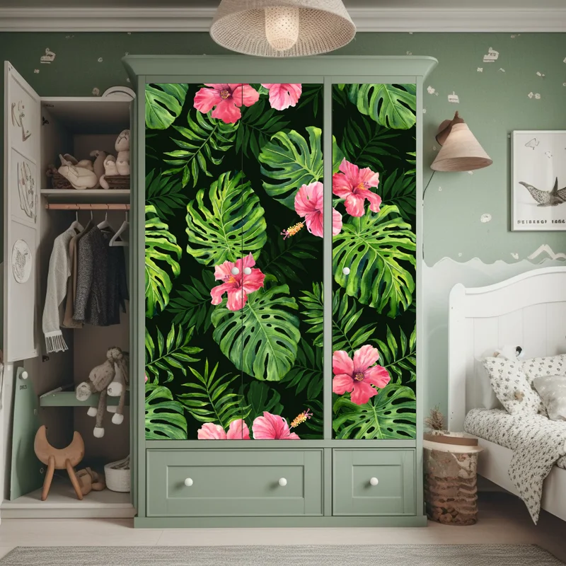 Schrankaufkleber tropisches monstera- und hibiskus-motiv