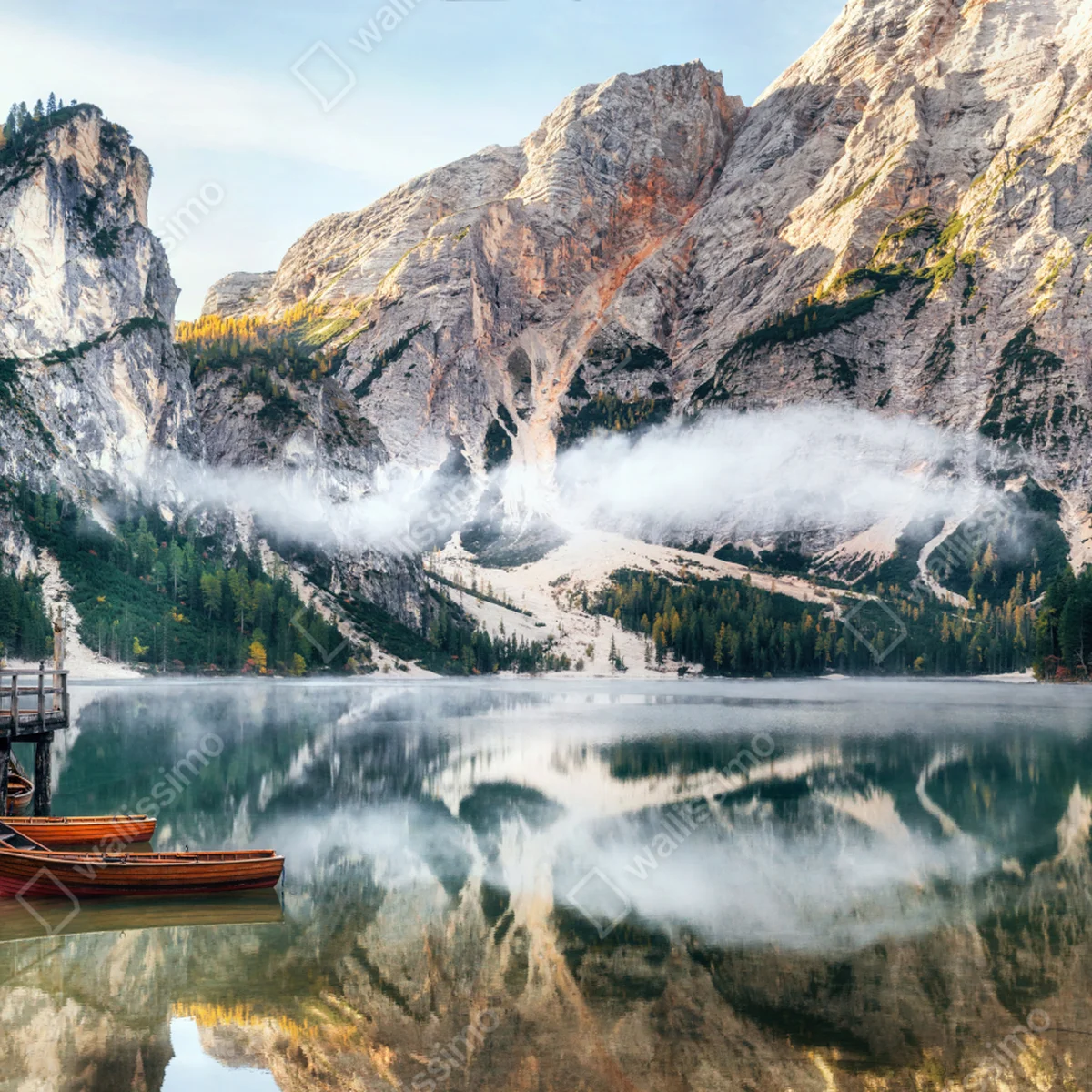 Tischaufkleber und Schreibtischaufkleber nebliger alpensee mit spiegelung Tischaufkleber und Schreibtischaufkleber nebliger alpensee mit spiegelung