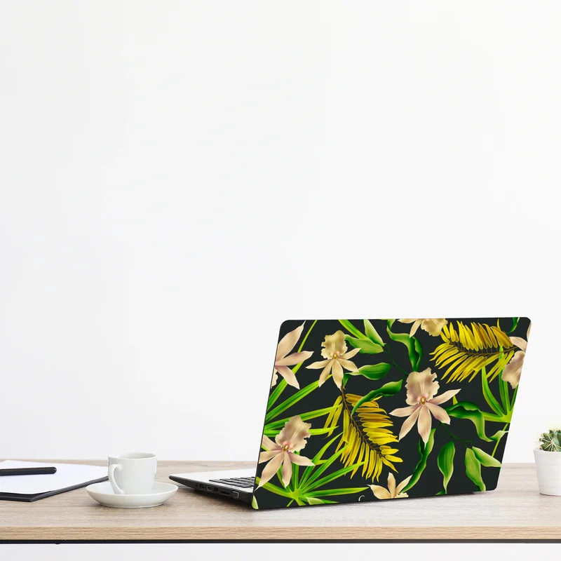 Laptop-Aufkleber tropisches orchideenmuster auf dunklem hintergrund Laptop-Aufkleber tropisches orchideenmuster auf dunklem hintergrund