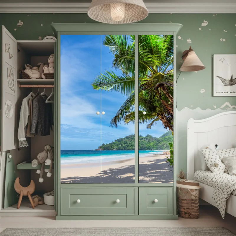 Schrankaufkleber tropischer strand mit palmen und segelboot