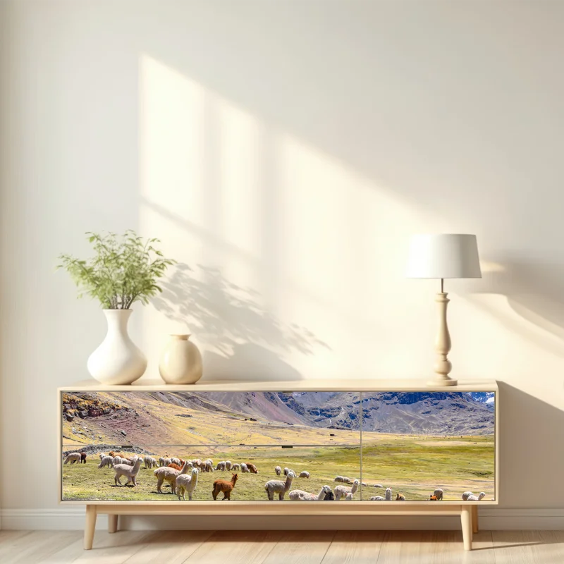 Repositionierbarer Aufkleber alpakas und lamas weiden bei Mt Ausangate, Cusco