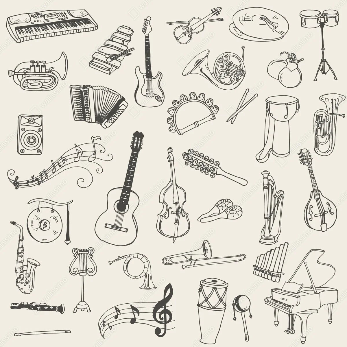 Schrankaufkleber handgezeichnete musikinstrumente collage Schrankaufkleber handgezeichnete musikinstrumente collage