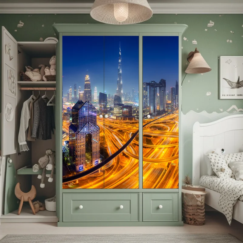 Schrankaufkleber panorama der nächtlichen skyline von Dubai