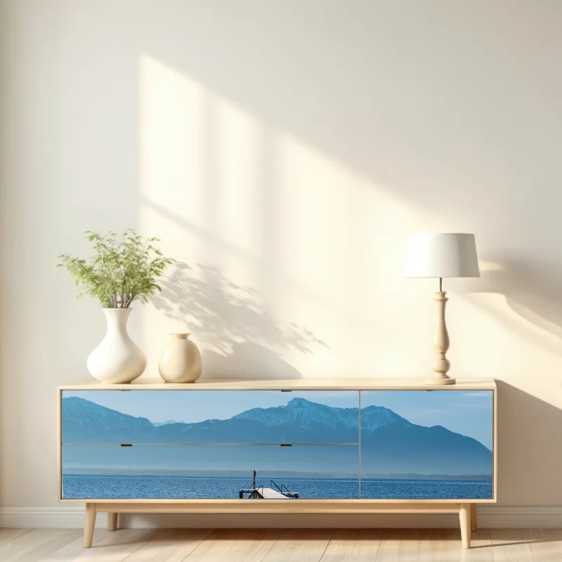 Repositionierbarer Aufkleber nebliger steg am bergsee bei dämmerung