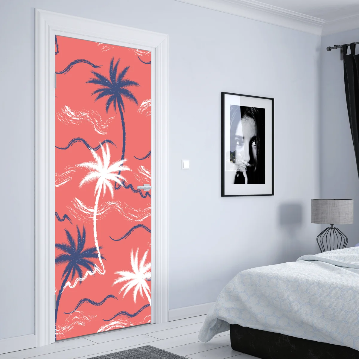 Türaufkleber tropisches palmenmuster in koralle und dunkelblau Türaufkleber tropisches palmenmuster in koralle und dunkelblau