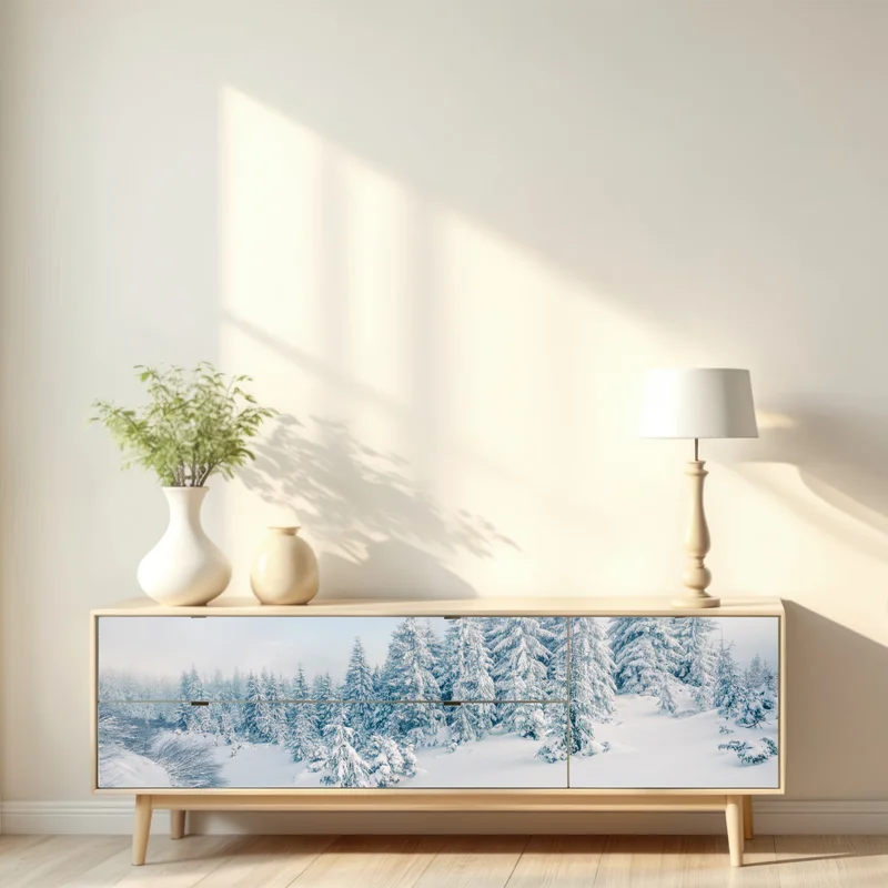 Repositionierbarer Aufkleber winterliche waldpanorama mit schneebedeckten fichten