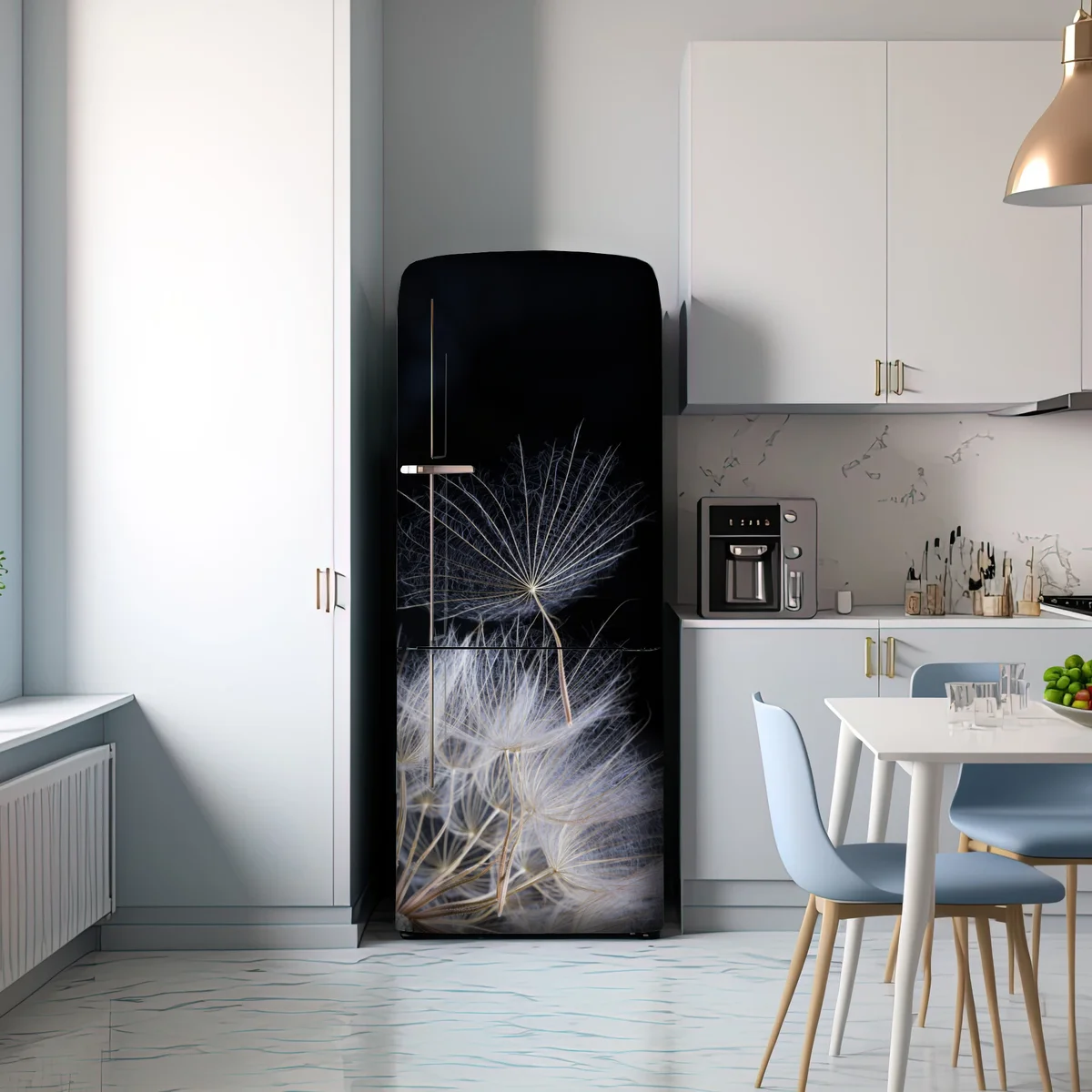 Kühlschrankaufkleber zarter löwenzahnsamen auf schwarzem hintergrund Kühlschrankaufkleber zarter löwenzahnsamen auf schwarzem hintergrund