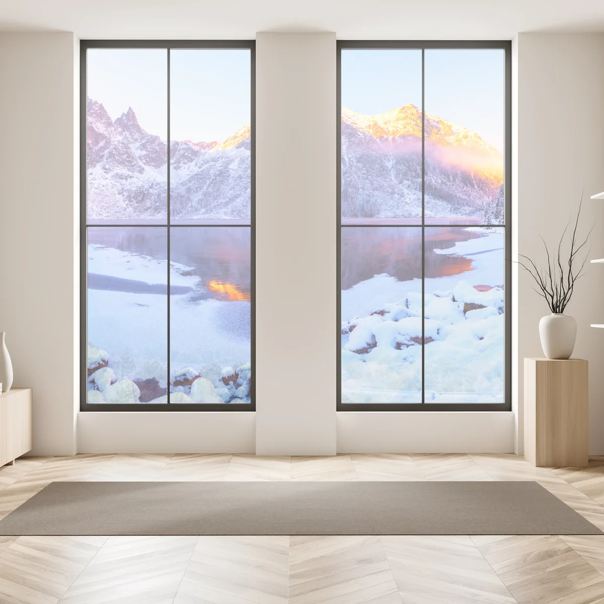 Fensteraufkleber sonnenbeschienene berge über gefrorenem alpensee Fensteraufkleber sonnenbeschienene berge über gefrorenem alpensee