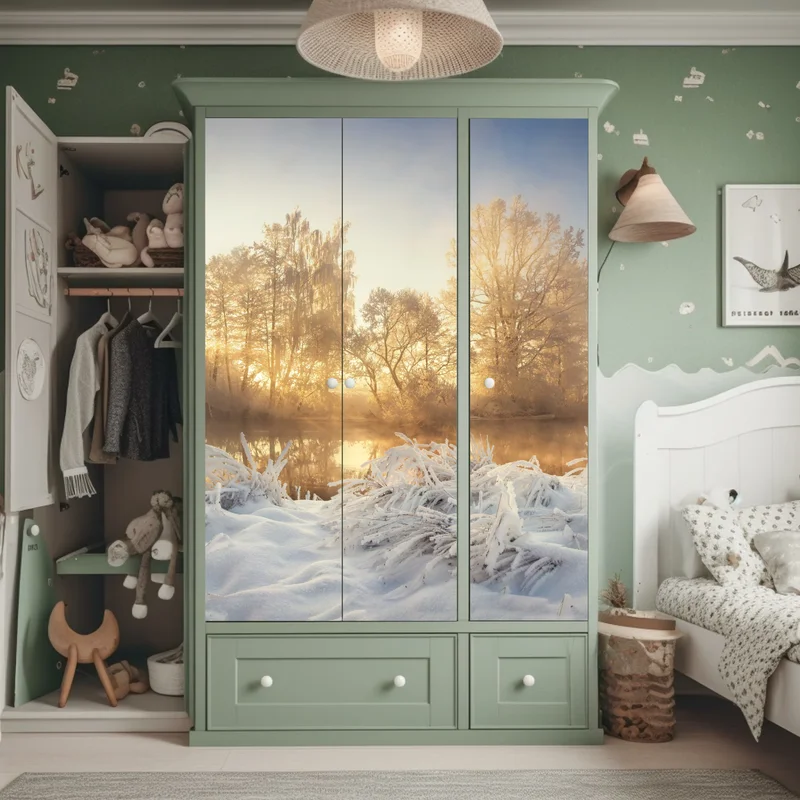 Schrankaufkleber goldener wintersonnenaufgang über dem frostigen fluss