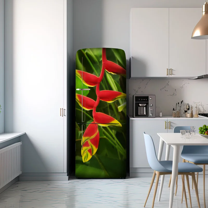 Kühlschrankaufkleber leuchtende heliconia im tropischen laub