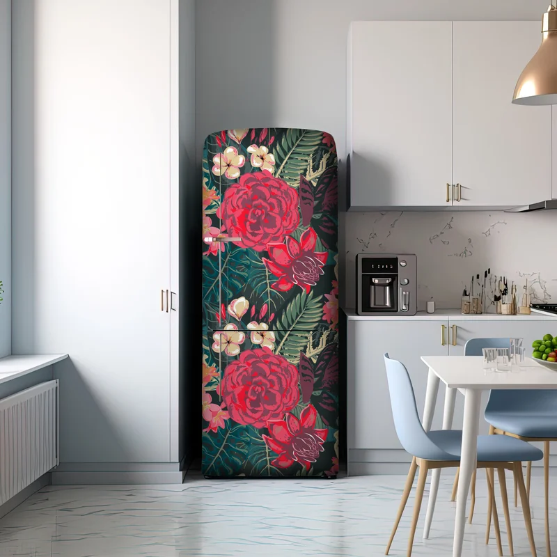 Kühlschrankaufkleber tropisches blumenmuster in rosa und türkis