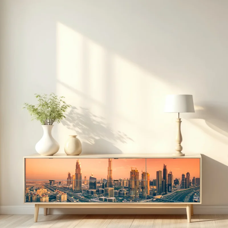 Repositionierbarer Aufkleber Dubai skyline bei sonnenuntergang Repositionierbarer Aufkleber Dubai skyline bei sonnenuntergang