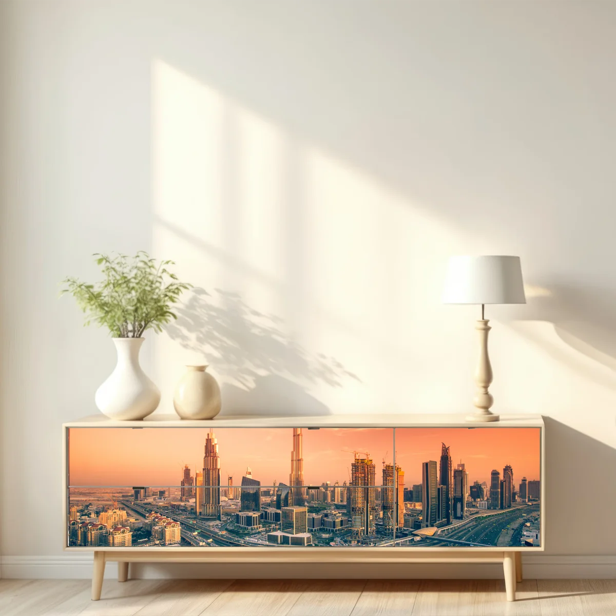 Repositionierbarer Aufkleber Dubai skyline bei sonnenuntergang Repositionierbarer Aufkleber Dubai skyline bei sonnenuntergang