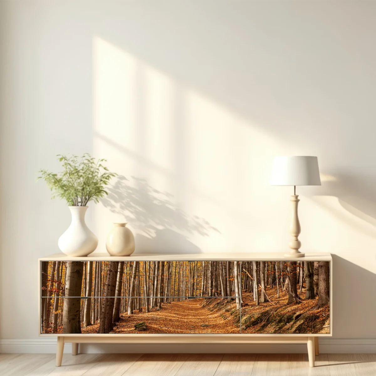 Repositionierbarer Aufkleber herbstlicher waldweg mit goldenen blättern Repositionierbarer Aufkleber herbstlicher waldweg mit goldenen blättern