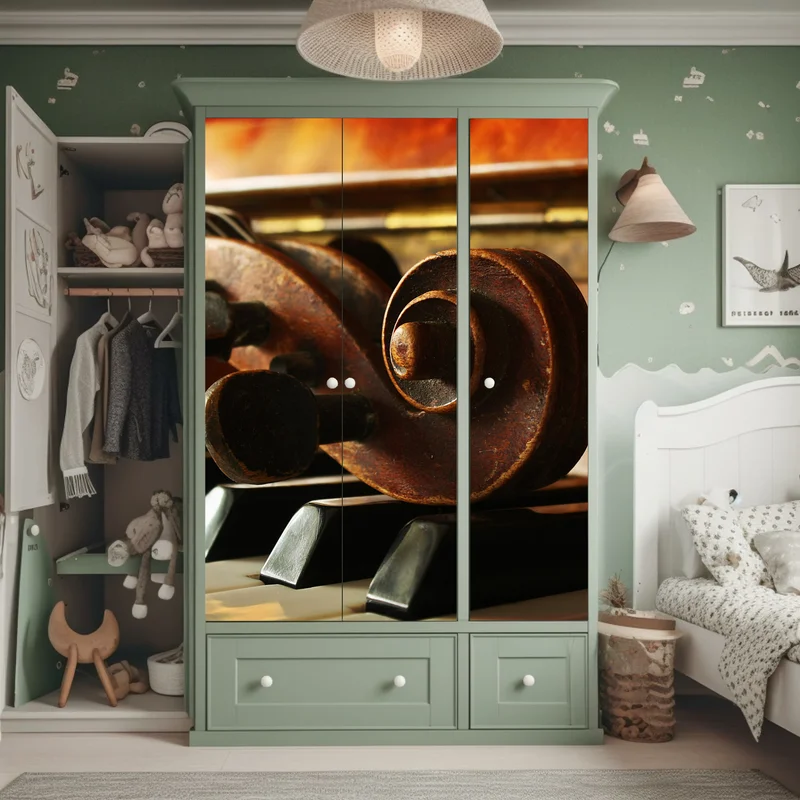 Schrankaufkleber vintage geigenkopf auf klaviertasten