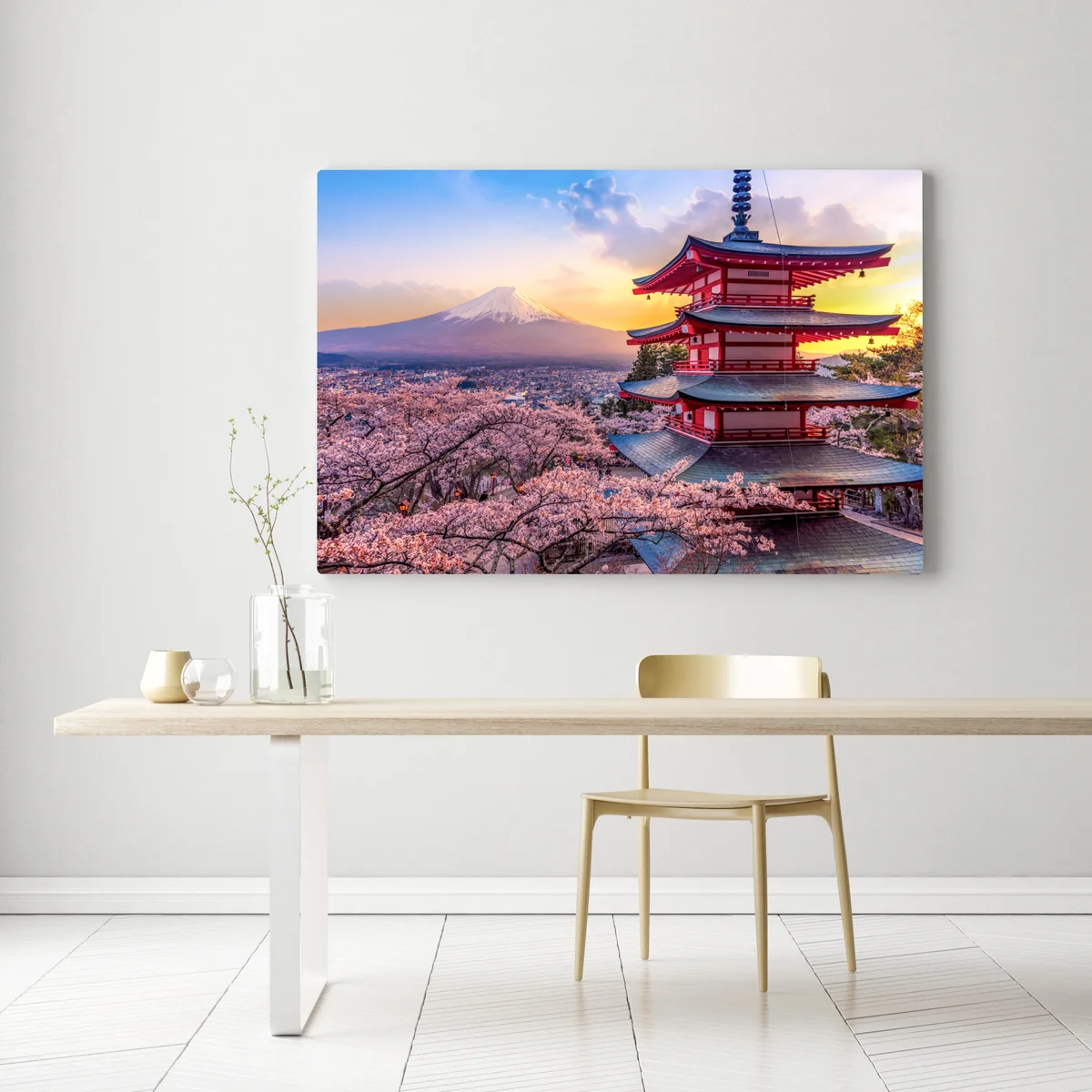 Leinwandbild sonnenuntergang über dem Fuji und der Chureito-Pagode Leinwandbild sonnenuntergang über dem Fuji und der Chureito-Pagode