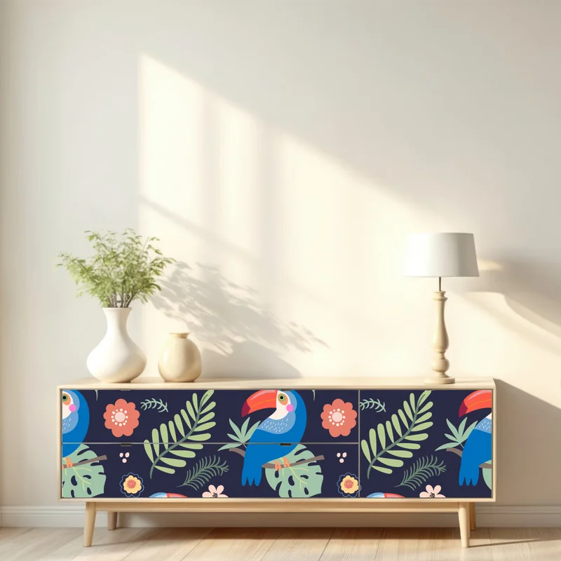 Repositionierbarer Aufkleber tropisches tukanmuster auf dunkelblauem hintergrund