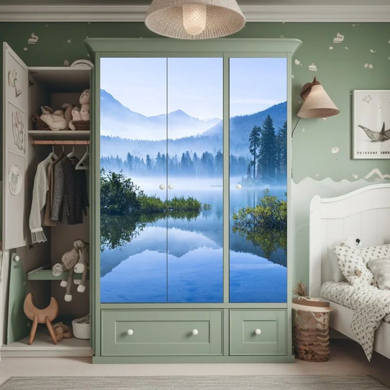 Schrankaufkleber nebliger bergsee mit spiegelnder oberfläche Schrankaufkleber nebliger bergsee mit spiegelnder oberfläche