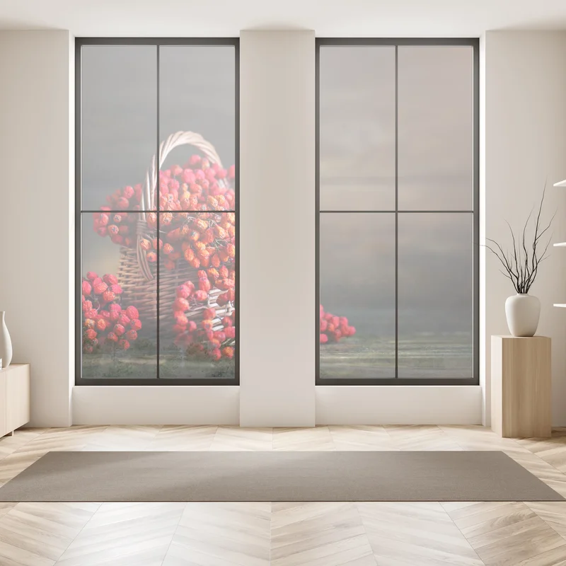 Naklejka na okno jesienna jarzębina w wiklinowym koszu