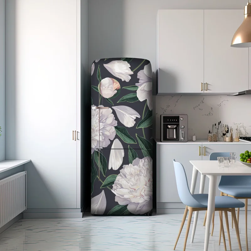 Kühlschrankaufkleber weißes pfingstrosenmuster auf schiefergrauem hintergrund Kühlschrankaufkleber weißes pfingstrosenmuster auf schiefergrauem hintergrund