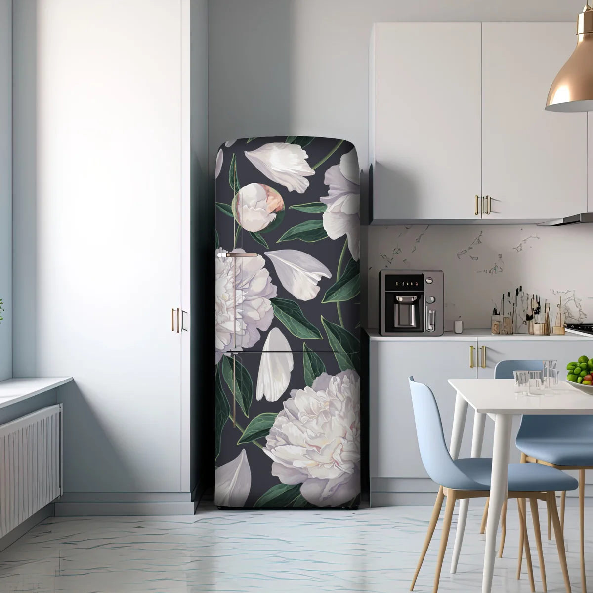 Kühlschrankaufkleber weißes pfingstrosenmuster auf schiefergrauem hintergrund Kühlschrankaufkleber weißes pfingstrosenmuster auf schiefergrauem hintergrund