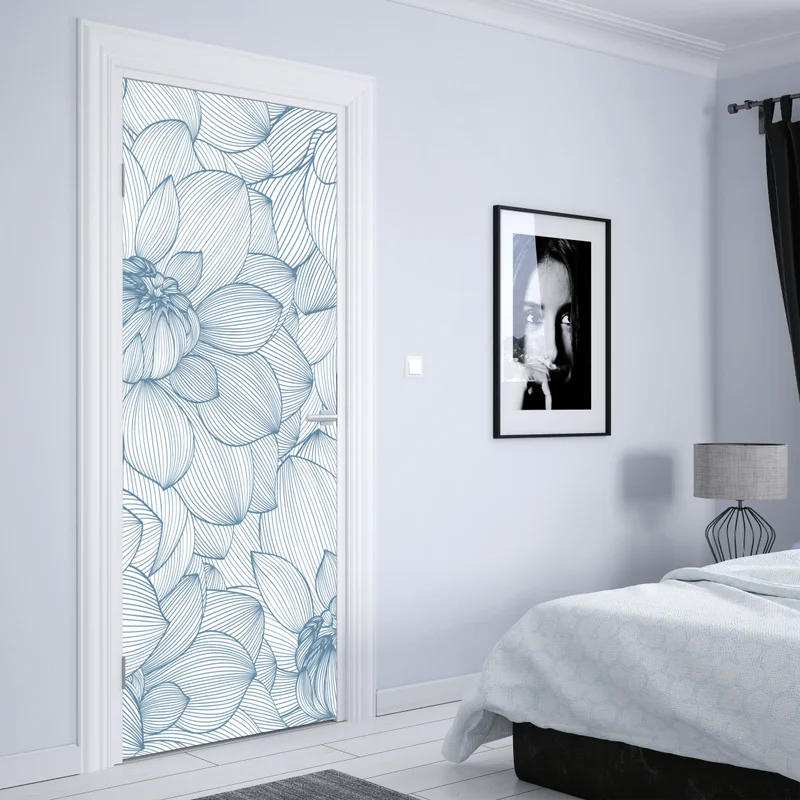 Türaufkleber zartes blaues blumenlinienmuster