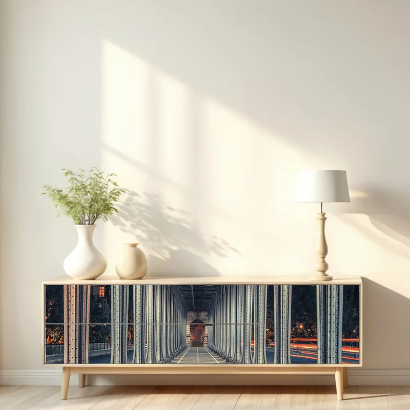 Repositionierbarer Aufkleber symmetrischer stahlkorridor einer brücke bei nacht