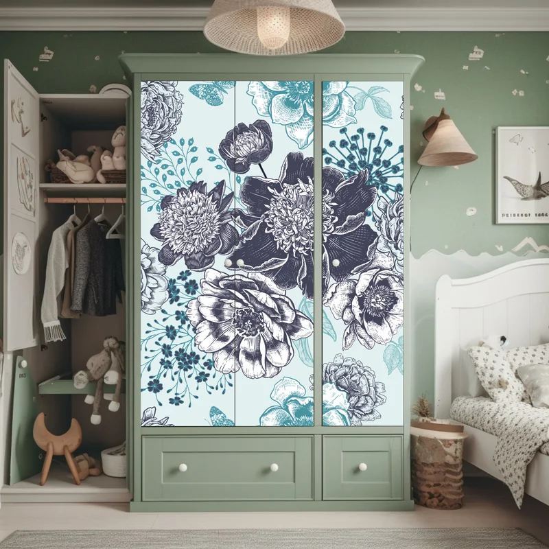 Schrankaufkleber blumiges peonienmuster in türkis und marineblau
