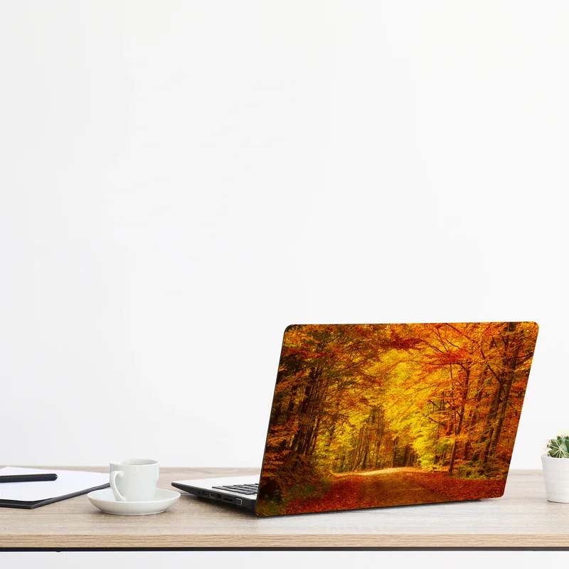 Naklejka na laptopa złota jesienna ścieżka w lesie Naklejka na laptopa złota jesienna ścieżka w lesie