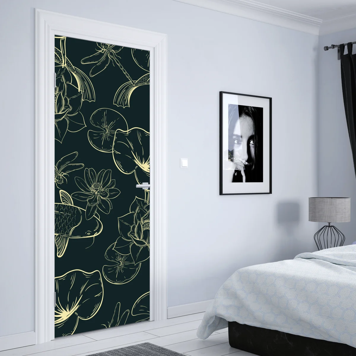 Türaufkleber handgezeichnetes koi- und lotusmuster Türaufkleber handgezeichnetes koi- und lotusmuster