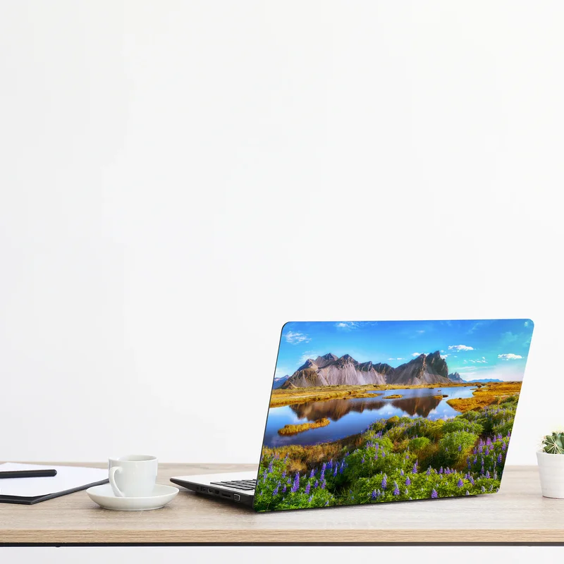 Naklejka na laptopa żywe łubinowe łąki przy Vestrahorn, Islandia