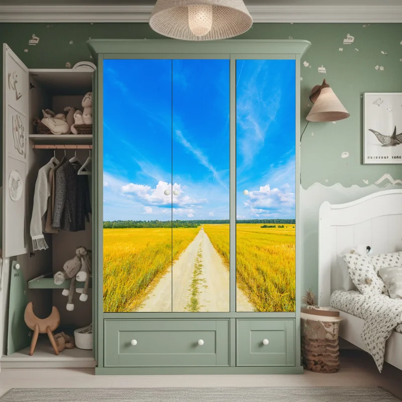 Schrankaufkleber goldene wiese unter weitem blauem himmel