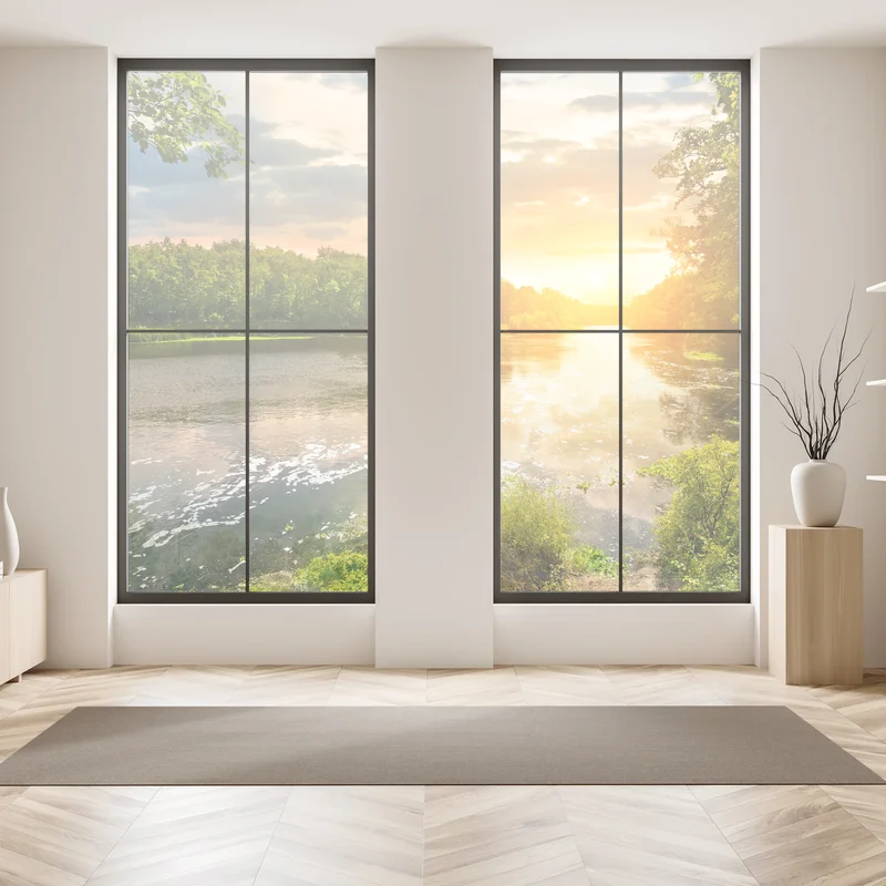 Fensteraufkleber ruhiger sonnenuntergang am fluss im grünen wald