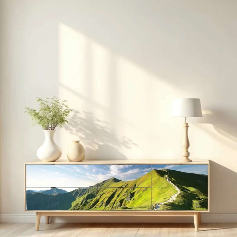 Repositionierbarer Aufkleber sonnenbeschienener berggrat mit pfad Repositionierbarer Aufkleber sonnenbeschienener berggrat mit pfad