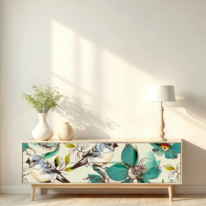 Repositionierbarer Aufkleber retro türkis blumen- und vogelmuster