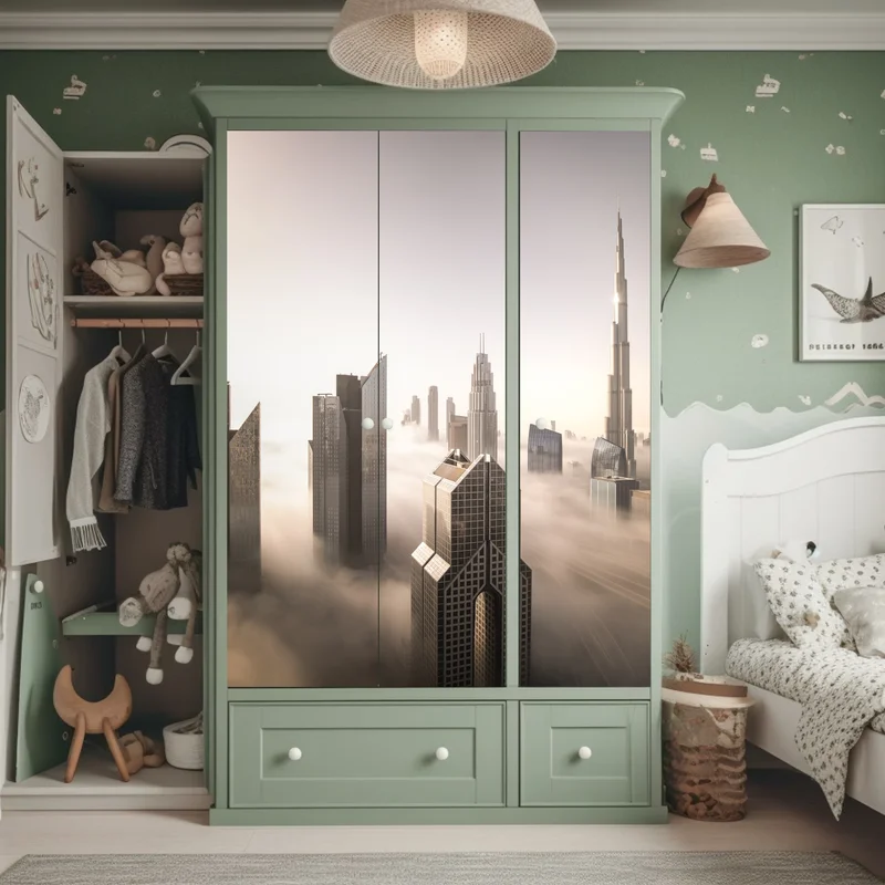 Schrankaufkleber neblige Dubai skyline über den wolken