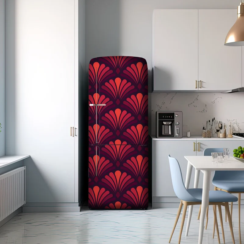 Kühlschrankaufkleber geometrisches art-déco fächermuster in warmen rot- und violetttönen