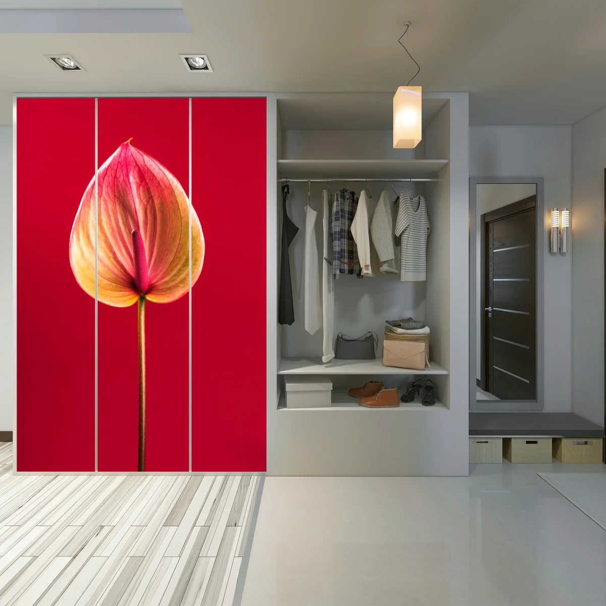 Schrankaufkleber elegantes anthurium vor rotem hintergrund Schrankaufkleber elegantes anthurium vor rotem hintergrund