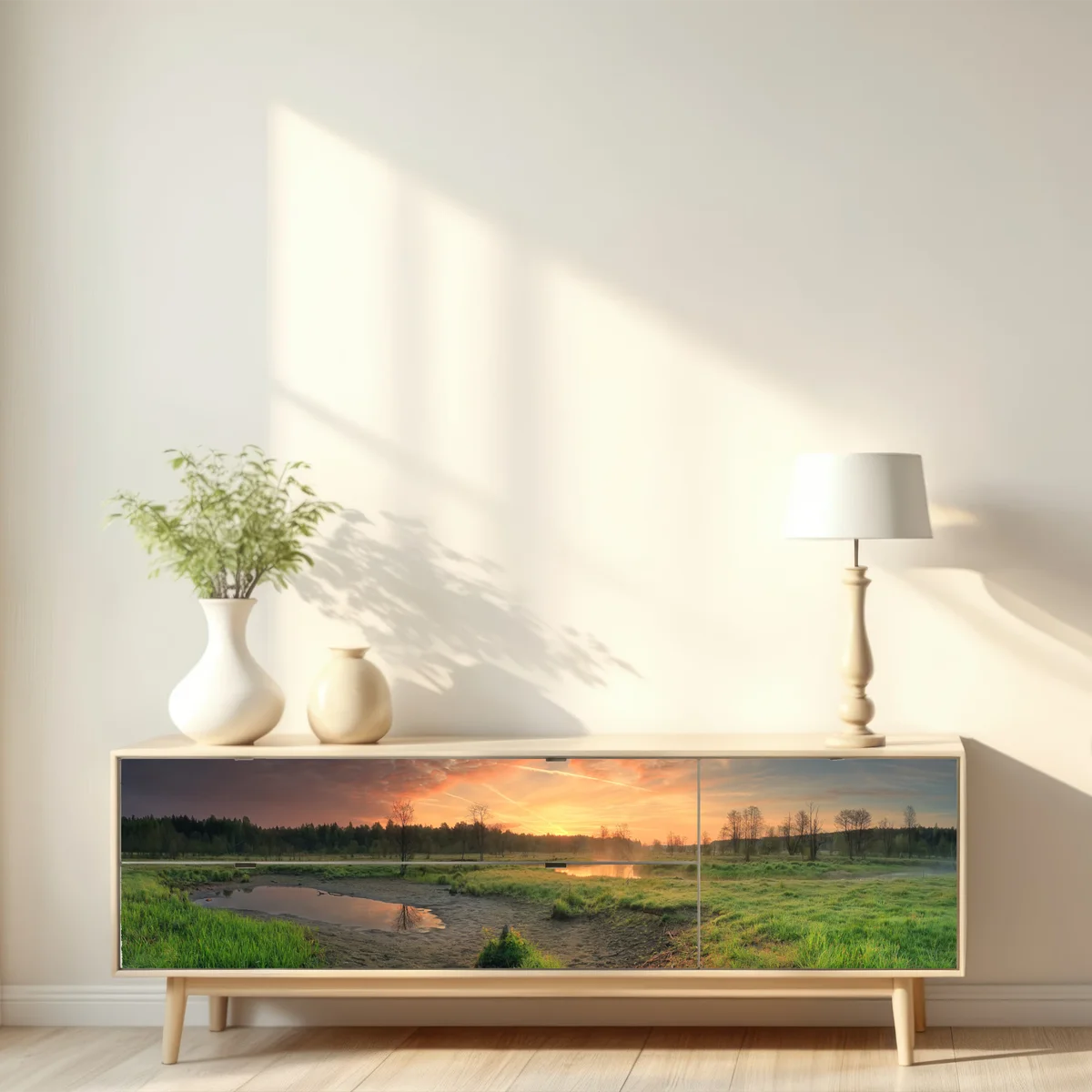 Repositionierbarer Aufkleber sonnenuntergang über einer ruhigen wiese Repositionierbarer Aufkleber sonnenuntergang über einer ruhigen wiese