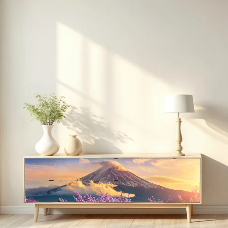 Repositionierbarer Aufkleber Berg Fuji mit blühenden kirschblüten bei sonnenaufgang