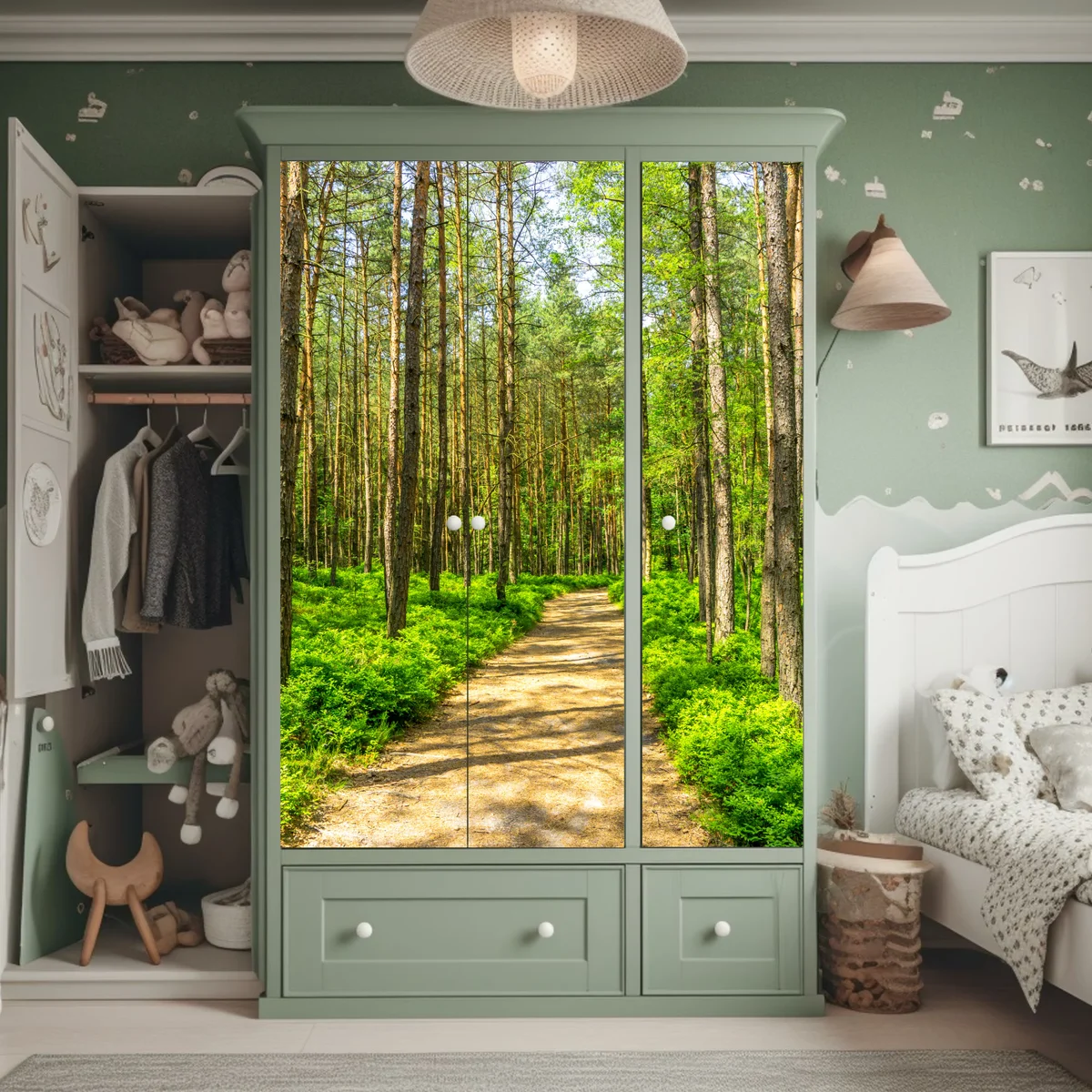 Schrankaufkleber sonniger waldweg zwischen kiefern Schrankaufkleber sonniger waldweg zwischen kiefern