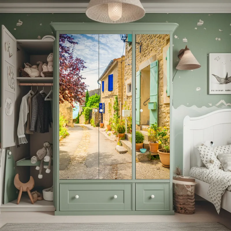 Schrankaufkleber sonnenbeschienene dorfstraße mit steinhäusern und bunten fensterläden