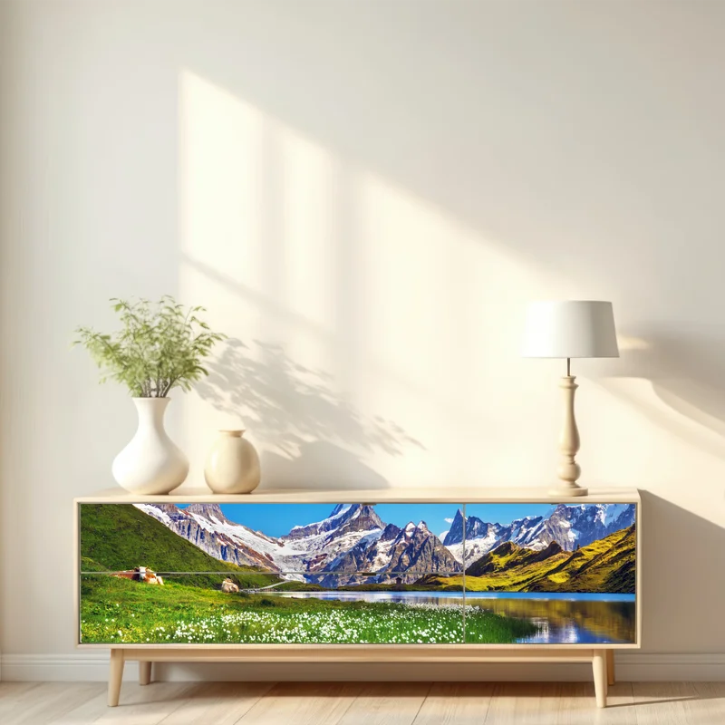 Repositionierbarer Aufkleber alpensee mit blumenwiese und berggipfeln